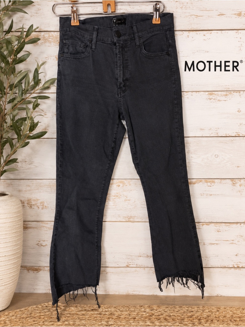 MOTHER Black High-Rise Cropped Straight Jeans with Frayed Hem